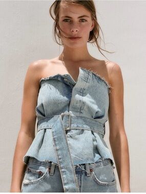 Zara Light Wash Denim Strapless Peplum Camisole